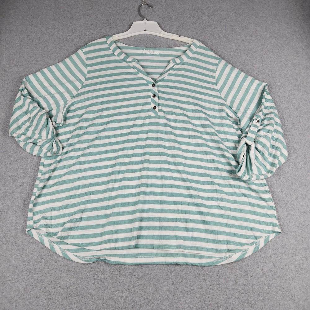 Jane and Delancey Tunic Top Womens 3X Green White Striped Roll Tab Sleeve Henley